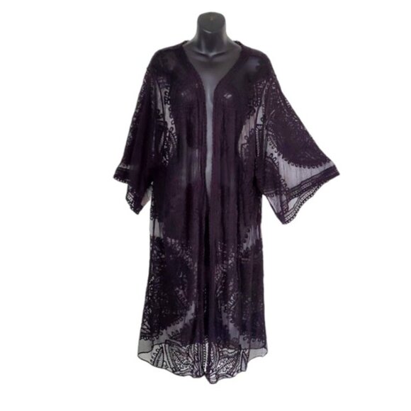 Black Boho Sheer Embroidered Lace Ruana Duster Kimono Cover-Up Size XXL-XXXL - Picture 2 of 8